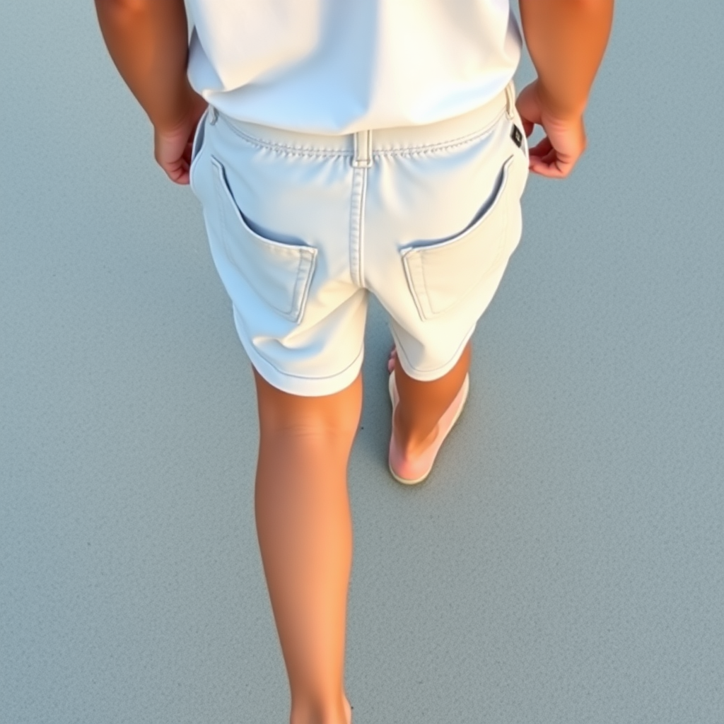 first person view from above, short shorts, boy's bare long slender legs, walking,