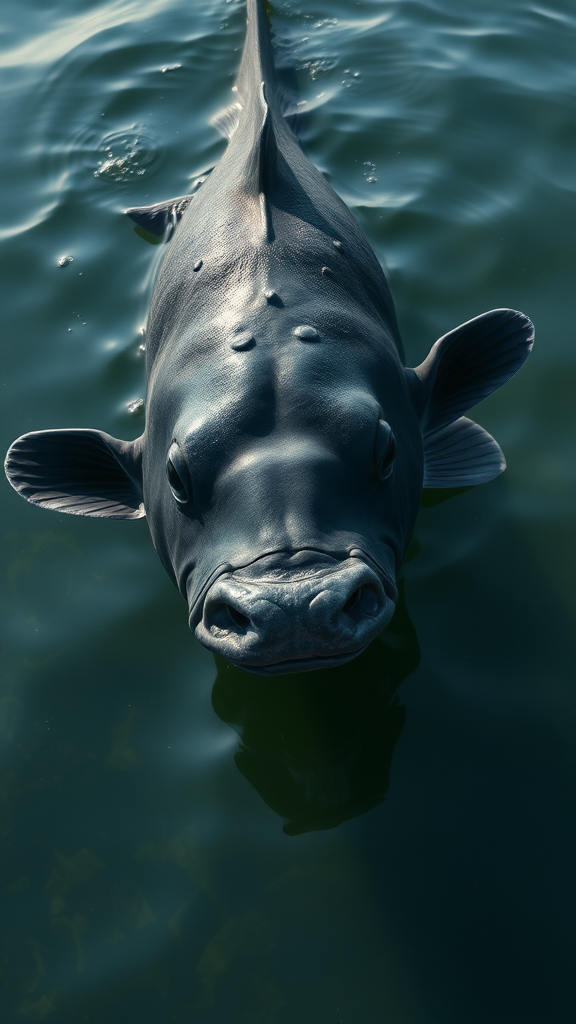 A big black fish with a cow face swims in the water.