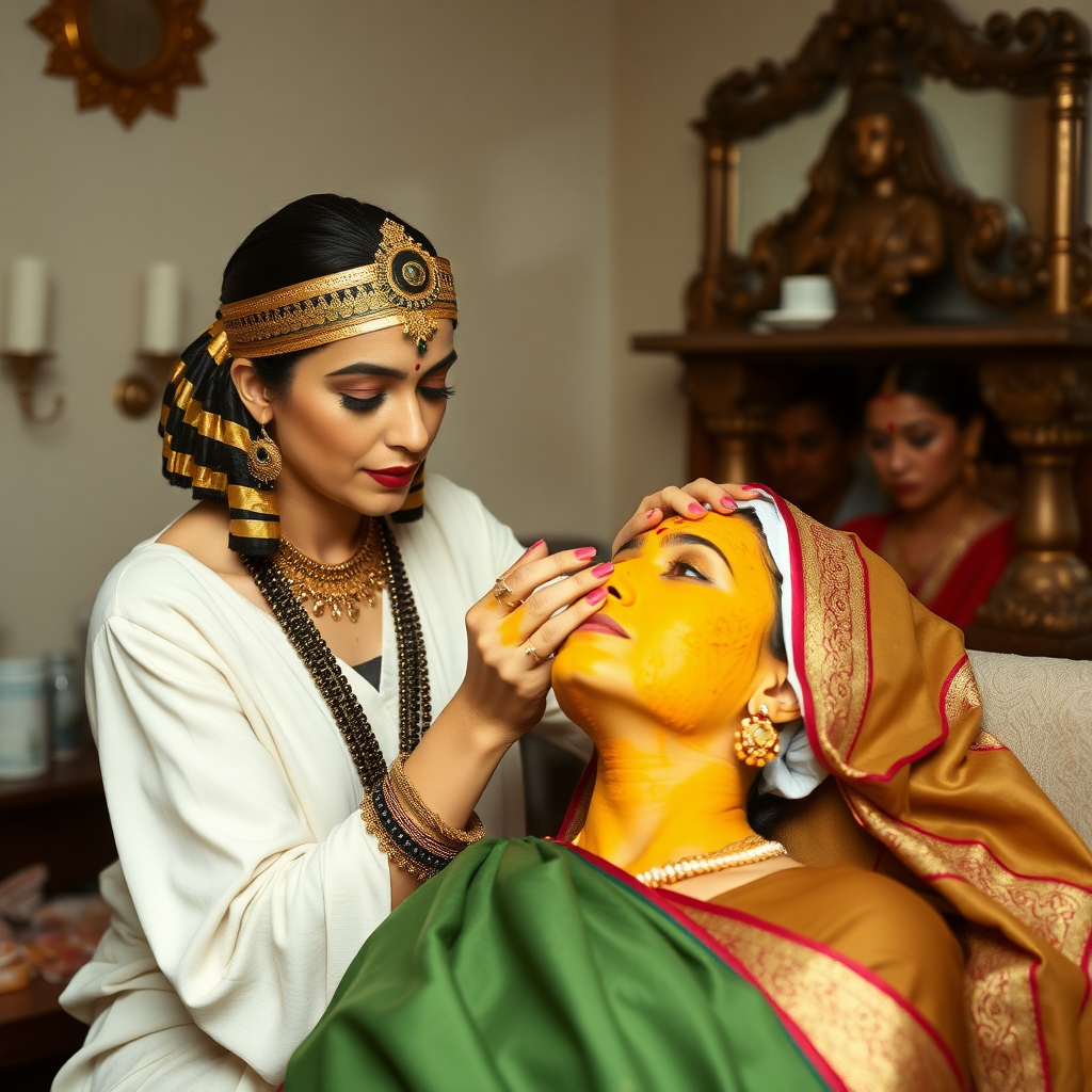 Cleopatra, working in a beauty parlour, giving a turmeric facial to a wealthy, traditional Indian wife.