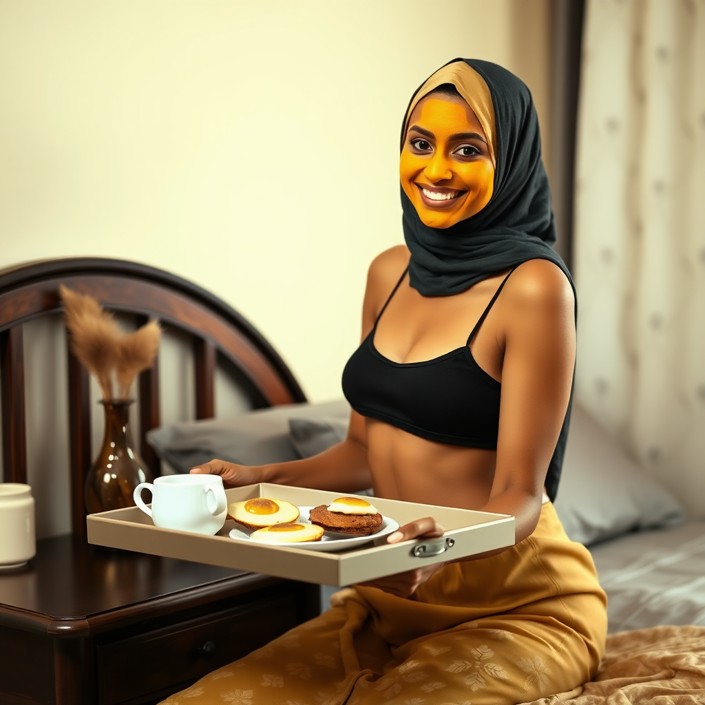 slim, 30 year old, sexy, indian wife, scarf head, turmeric face mask. She is smiling and serving breakfast on a tray on bedside table