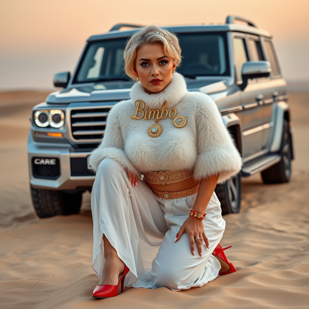 Kuwait desert dunes misty dawn, full size luxury SUV: Melissa, European 17 years old very convincing femboy “trophy-bimbo”, tamed servile docile, very beautiful feminine flawless face, rather short, by hormones very curvaceous womanly figured, platinum blond short tight curls, bold red lips, long white French nails, heavily made-up face, wearing Supertanya-style fluffy very fuzzy bright white angora turtleneck-poncho cropped ending under bust decorated with pearls and glass stones, striking oriental wide gold bridal protection belt, white fully transparent harem pants, bright red pumps with golden very high heels, full Oriental bridal jewelry including headpiece, nose-ring, coin wristlets, coin anklets, striking diamond “Bimbo” letter brooch on left chest, thick heavy pearl wristlets, pearl anklets, pout frustrated, kneeling in sand in front of SUV, looking at camera. Focus on face and turtleneck-poncho.