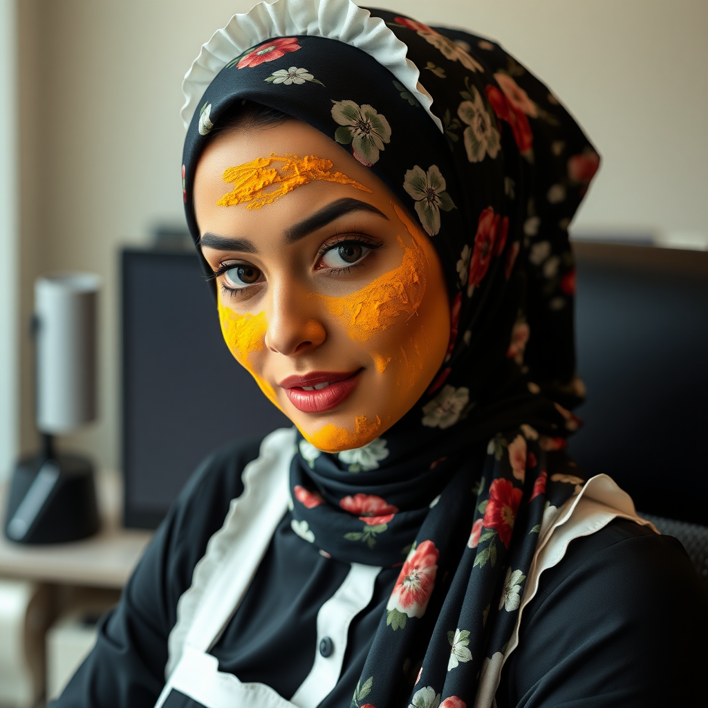 slim, modern, french maid, floral hijab, turmeric paste on face, working in office