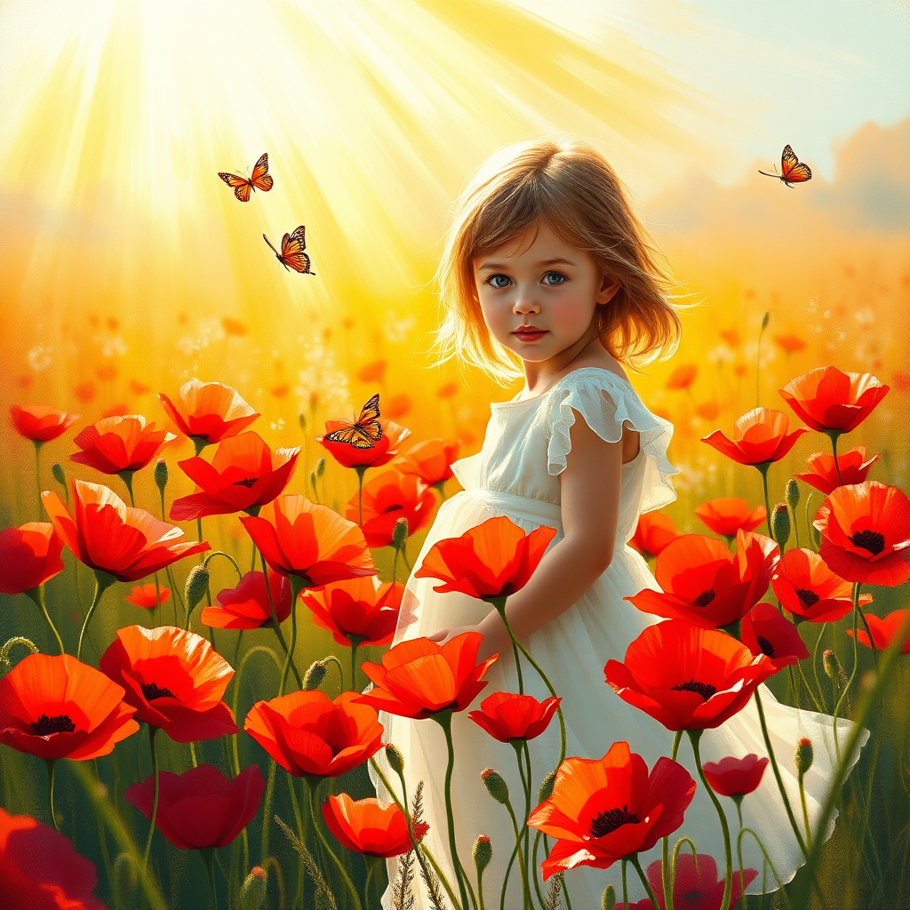 In a sun-drenched meadow, a young girl stands enchantingly poised among a vibrant sea of blooming poppies, their brilliant scarlet petals swaying gently in the warm breeze. She is clothed in a flowing white dress that billows delicately around her, the fabric catching the sunlight and gleaming with a soft, ethereal glow. The aroma of the poppies fills the air—a sweet, intoxicating scent that mingles with the fresh earthiness of the field.

Radiant beams of golden sunlight cascade down, illuminating the scene with a warm, inviting light that dances across the girl's delicate features. Her cherubic face is partially hidden by the lush poppies, yet her eyes—wide and shimmering with a mixture of wonder and pure joy—peer out, reflecting the brilliance of the surrounding blooms. The vibrant reds, contrasted against her white dress, create a stunning tapestry of color that draws the eye.

Around her, the melody of cheerful birdsong mingles harmoniously with the gentle rustle of the poppy petals, orchestrating a serene symphony that fills the tranquil atmosphere. The landscape sparkles with life, as fluttering butterflies meander between the flowers, their wings painted with the hues of a sunset.

Executed in the expressive style of Claude Monet, the painting features thick, dynamic brush strokes that capture the ever-changing play of light. Each stroke brings to life the textures of the flowers and grasses, emphasizing the fluidity of the moment. The overall scene is imbued with a sense of beauty and tranquility, inviting the viewer to immerse themselves in the joyful serenity of this idyllic moment in nature.