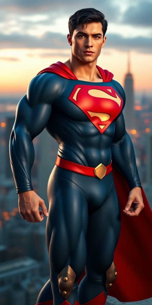 Create a photorealistic, full-length image of a superhero character inspired by Superman but with the bodily attributes of R Mika. The character should have a strong, muscular physique with defined biceps and triceps, showcasing a broad chest and powerful legs. The character's skin is smooth and has a healthy, sun-kissed glow. Their iconic blue suit features a large red emblem on the chest, complemented by a flowing red cape. The suit is form-fitting, accentuating the character's curves and muscular definition. The character has short, styled black hair, and an expression of confidence and determination. The background should depict a bustling city skyline at dusk, with glowing lights and the hint of a sunset, enhancing the heroic feel of the scene. Overall, the image should convey strength and heroism while blending elements from both Superman and R Mika.