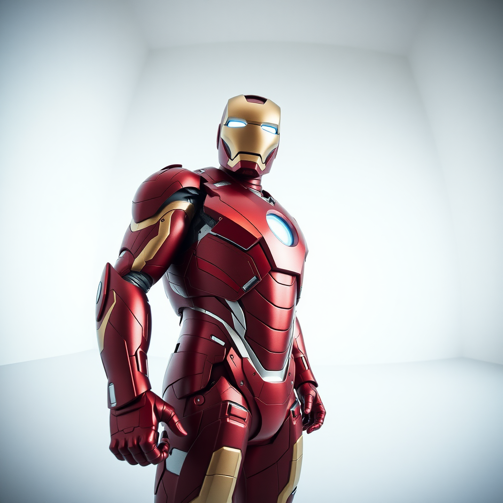 A wide-angle shot of mrfabiom standing proudly in a clean, high-contrast environment, without the Iron Man suit or mask, from a low-angle perspective, highlighting his strong physique and confident expression as he looks out at the viewer.