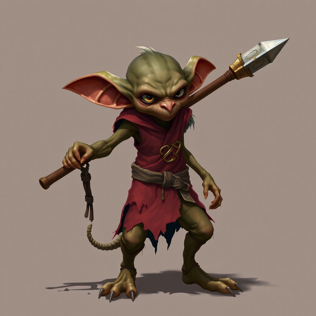 A small, skinny kobold in a tattered red tunic and dirty brown pants holding a quarterstaff in a threatening manner.