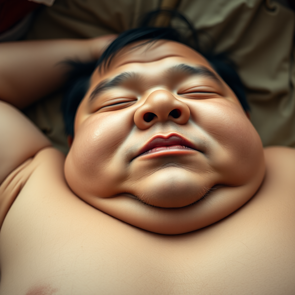 East Asian chubby, plump, full-bodied, bare-chested uncle. A silly and cute face, lying on his back and sleeping, with an extreme close-up view of his large nostrils, in a third-person eye-level perspective. The image style is cinematic portrait, with a 9:16 ratio.