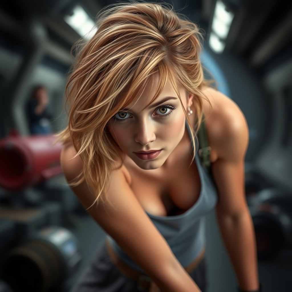 A girl like Ana de Armas, messy strawberry blonde hair, athletic, bent over, science fiction setting.