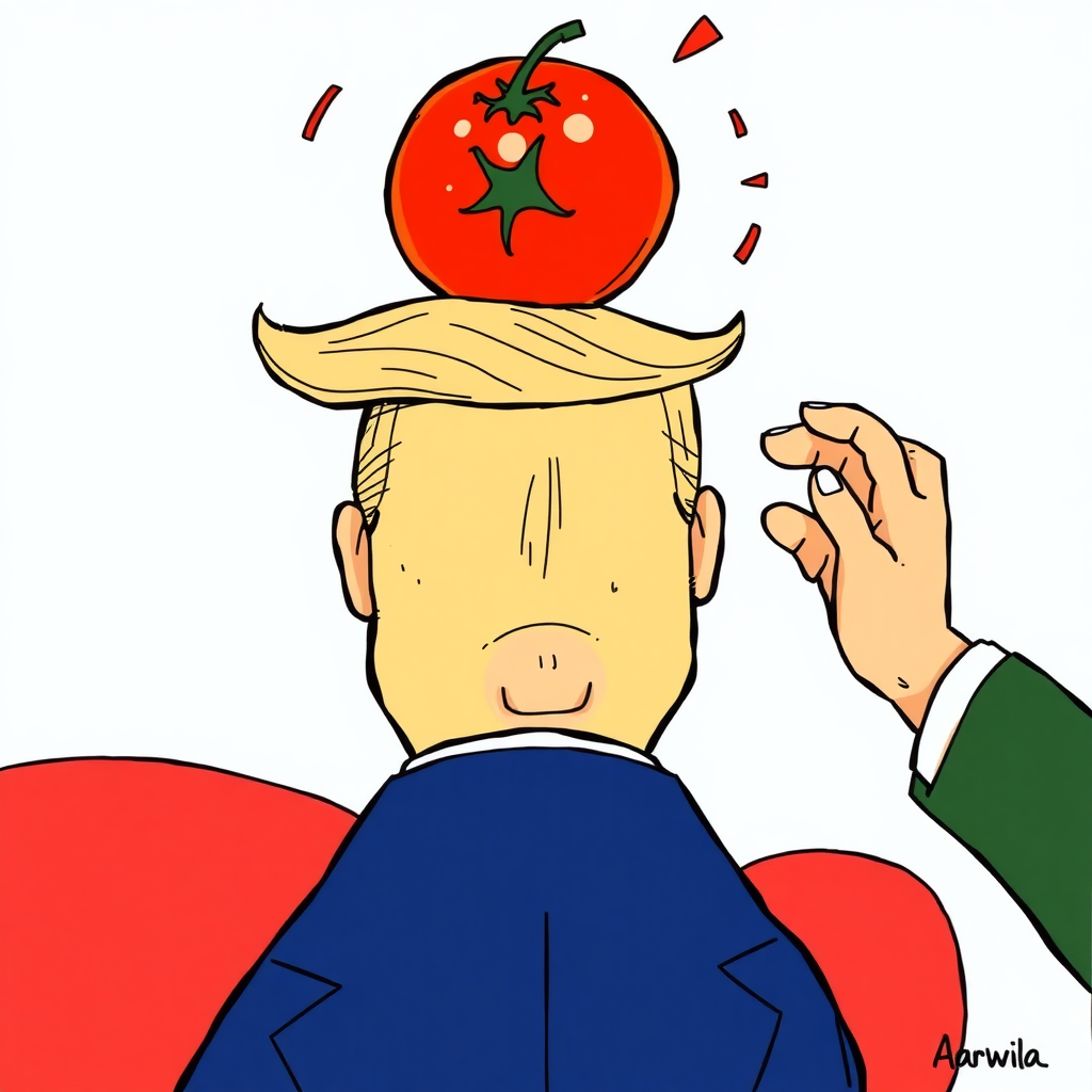 A cartoon of Donald Trump where someone throws a tomato at the back of his head.