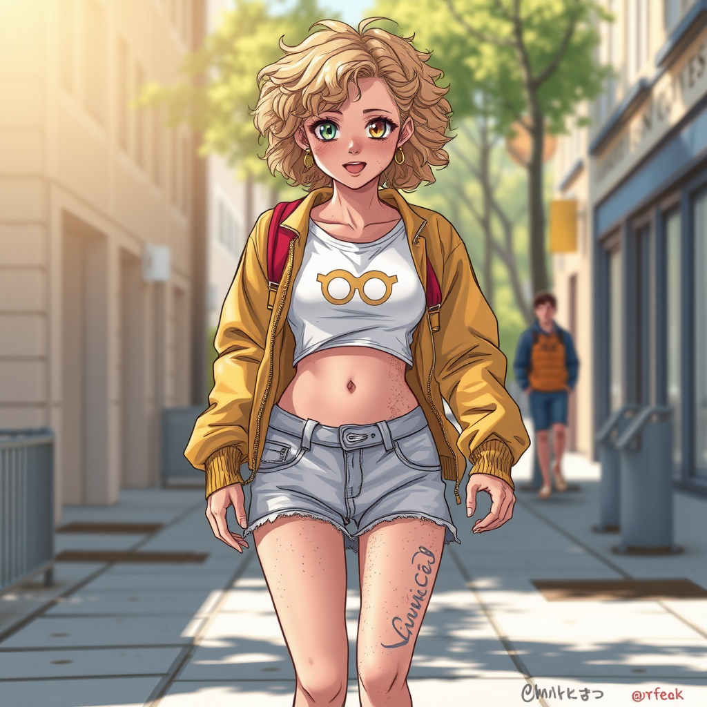 Realistic drawing style image, Extremely good quality 8k resolution drawn manga image of a 15 year old petite and short tomboy girl with golden blonde curly hair with mixed and different colored eyes for each eye and moles on her entire body and is a white American girl, Has on a Gold Jacket over a white extremely short crop top only covering her breasts and nothing more with a design on it, and has on ripped shorts and cool looking sneakers and a deep and big knife cut wound on her stomach from a huge injury she had, with a bright color backpack, ear piercings on, walking on the street to school in the morning with the beautiful sunlight lighting up her body beautifully with no tattoos.