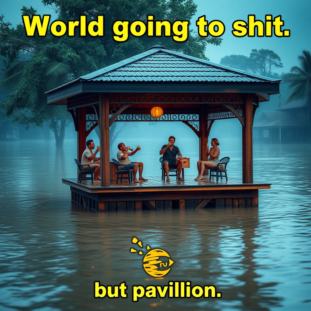 Create an image of a pavilion in a flooded environment and people comically partying on it drinking beer while the world is completely overflooded. Focus on the humorous contrast of the situation. Include the text "World going to shit." The bottom part should have the text "but pavilion."