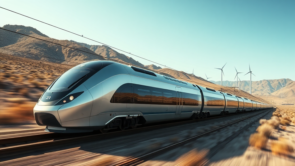 a modern futuristic high speed train similar to the TGV or bullet train moving at high speed through a dry mountainous region - there are wind turbines visible in the distance - we see at least three carriages of the train