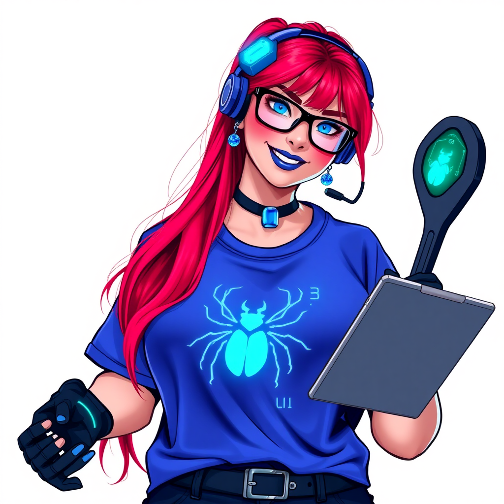 An intelligent and tech-savvy 29-year-old computer hacker and tech genius. She has a long ruby red ponytail. She wears maximum blue lipstick, blue eyes, a sapphire beetle gemstone necklace, sapphire earrings, black eyeglasses, hi-tech power gloves, and an oversized maximum blue t-shirt featuring a neon blue glowing beetle chest icon. She has a gargantuan full-figured physique with a prominent round gargantuan midsection, reflecting her well-cared-for lifestyle. She sports a sapphire headset with a hi-tech maximum turquoise lensed HUD, and a beaming smile accentuated by a passionate neon red blush. She serves as his tech expert from his hideout, holding a futuristic tool wrench and a futuristic digital tablet. The background is solid white. She is drawn as if she was in a retro 2D cyberpunk fighting game.