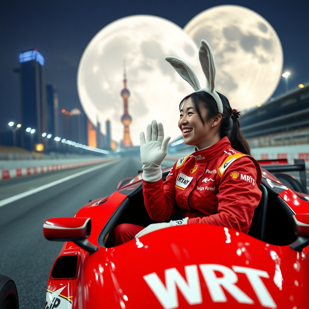 On the Shanghai International Circuit, a red race car with only "WRT" written on it, a Chinese female racer wearing rabbit ears on her head sits in the car, laughing and waving her racing gloves. Her red racing suit also has "WRT" written on it, with the Shanghai nightscape and an oversized moon in the background.