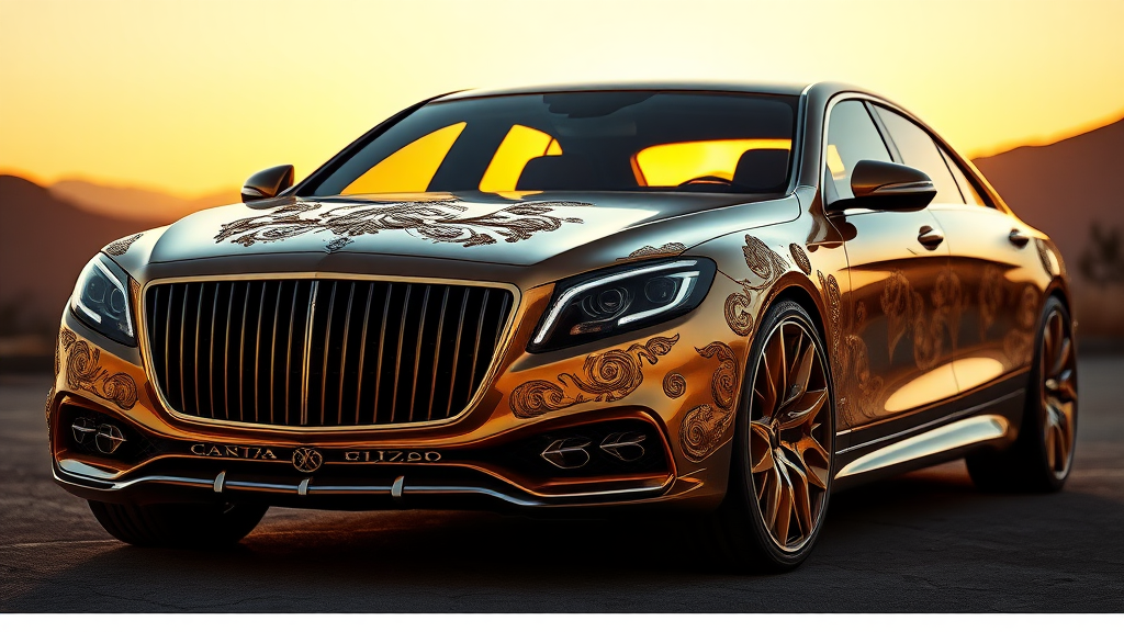 futuristic maybach sedan ,A luxurious, gold-plated car adorned with intricate, ornate designs and carvings. The vehicle features prominent headlights and a distinctive front grille, showcasing a fusion of elegance and extravagance. Set against a backdrop of mountains and a sunset, the scene conveys a sense of grandeur and sophistication.