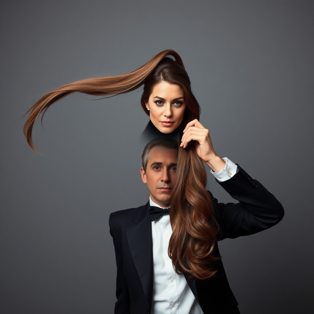 A surreal image of a magician holding up the disembodied head of a very long haired Kate Middleton. He is grabbing her very long hair and pulling it up high in the air, while her head is hanging by her hair from his grasp to display it to the camera. Plain gray background.