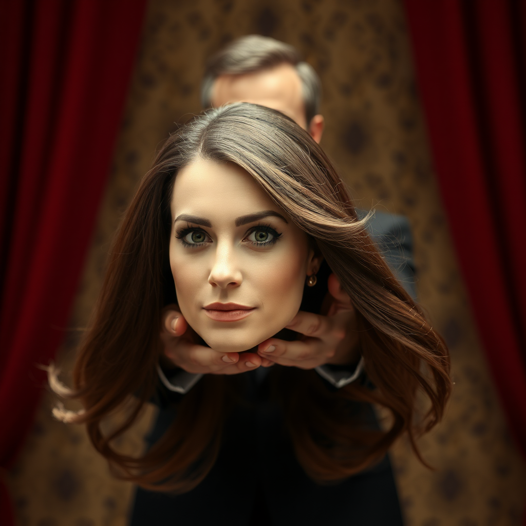 A surreal image of the beautiful very long haired Kate Middleton's disembodied head displayed to the camera by a male magician performing a magic trick.