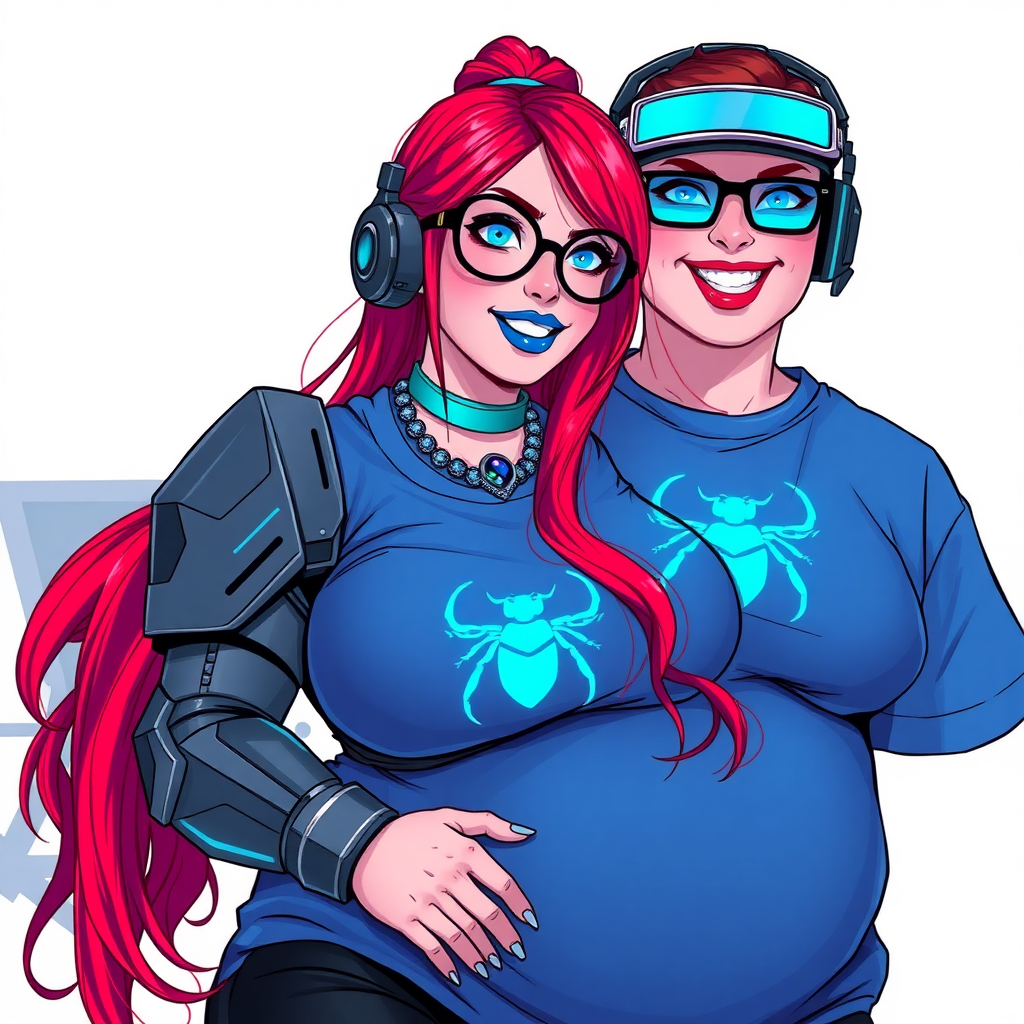 A cyberpunk vigilante’s full-figured intelligent and tech-savvy 29-year-old girlfriend, who is a computer hacker and tech genius. She has a long ruby red ponytail and bright blue eyes. She wears maximum blue lipstick, a sapphire beetle gemstone necklace, sapphire earrings, black eyeglasses, hi-tech metal arm armor, and an oversized maximum blue t-shirt featuring a neon blue glowing icon of a scarab beetle on its chest. She has a full-figured physique with a giant, round midsection, reflecting her well-cared-for lifestyle. She sports a sapphire headset with a hi-tech maximum turquoise lensed HUD, and a beaming smile with a passionate bright red blush. Despite her figure and a lack of self-esteem, she radiates beauty. She has a slim face which contributes to her radiant beauty. She serves as his tech expert from his hideout, diligently working at her lab table and computer desk. The background is solid white. She is drawn as if she was in a retro 2D cyberpunk fighting game.