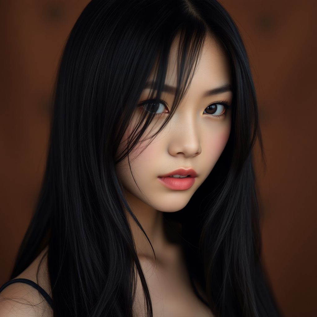 A young, mysterious Asian woman with long, jet-black hair and very Asian almond eyes