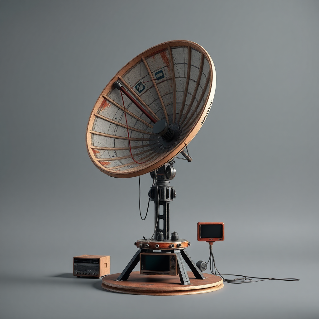 a full shot image of a high tech rustic vintage satellite dish on a stand connected to some devices, 3d render, concept art