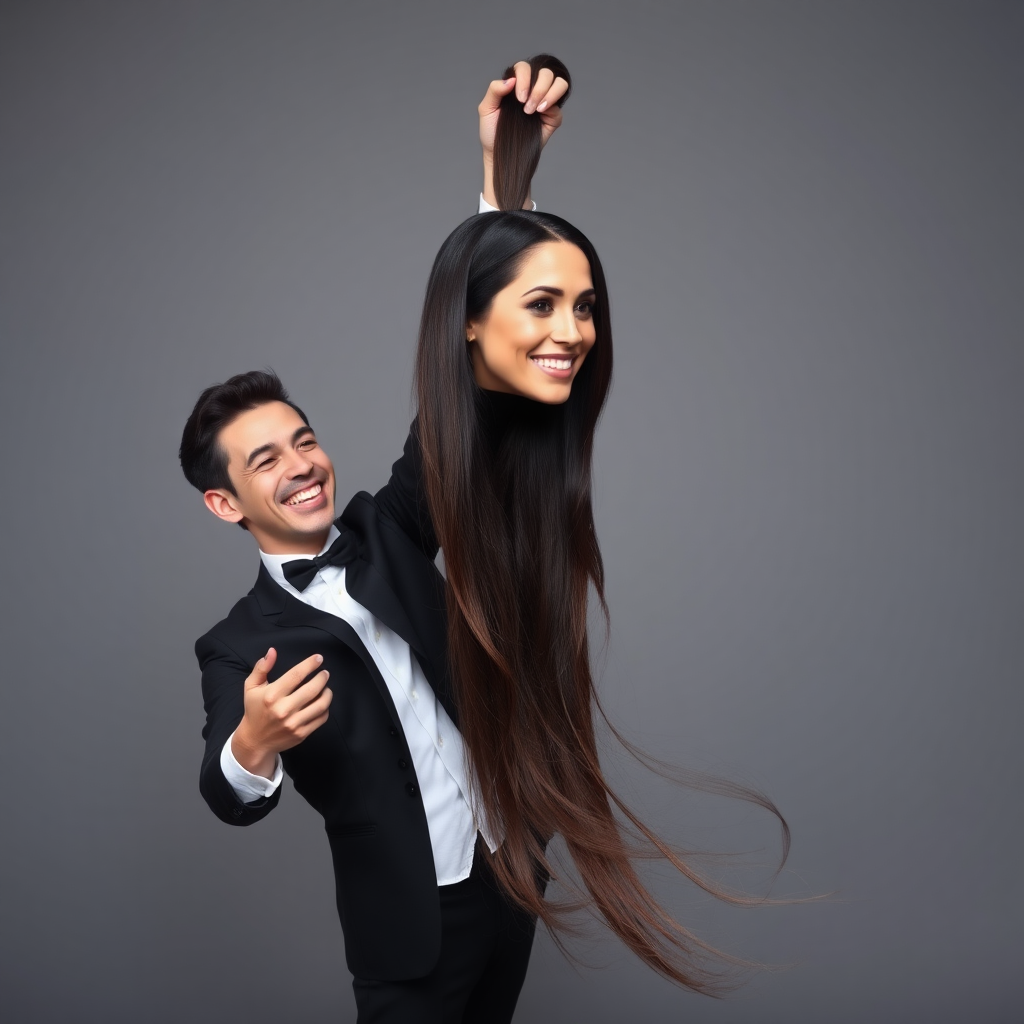 A surreal image of a smiling male magician standing to the side while holding up the disembodied head of a very long haired Meghan Markle by her hair to display it to the camera. He is grabbing her very long hair and pulling it up high in the air, while her head is hanging by her hair from his grasp. Plain gray background.