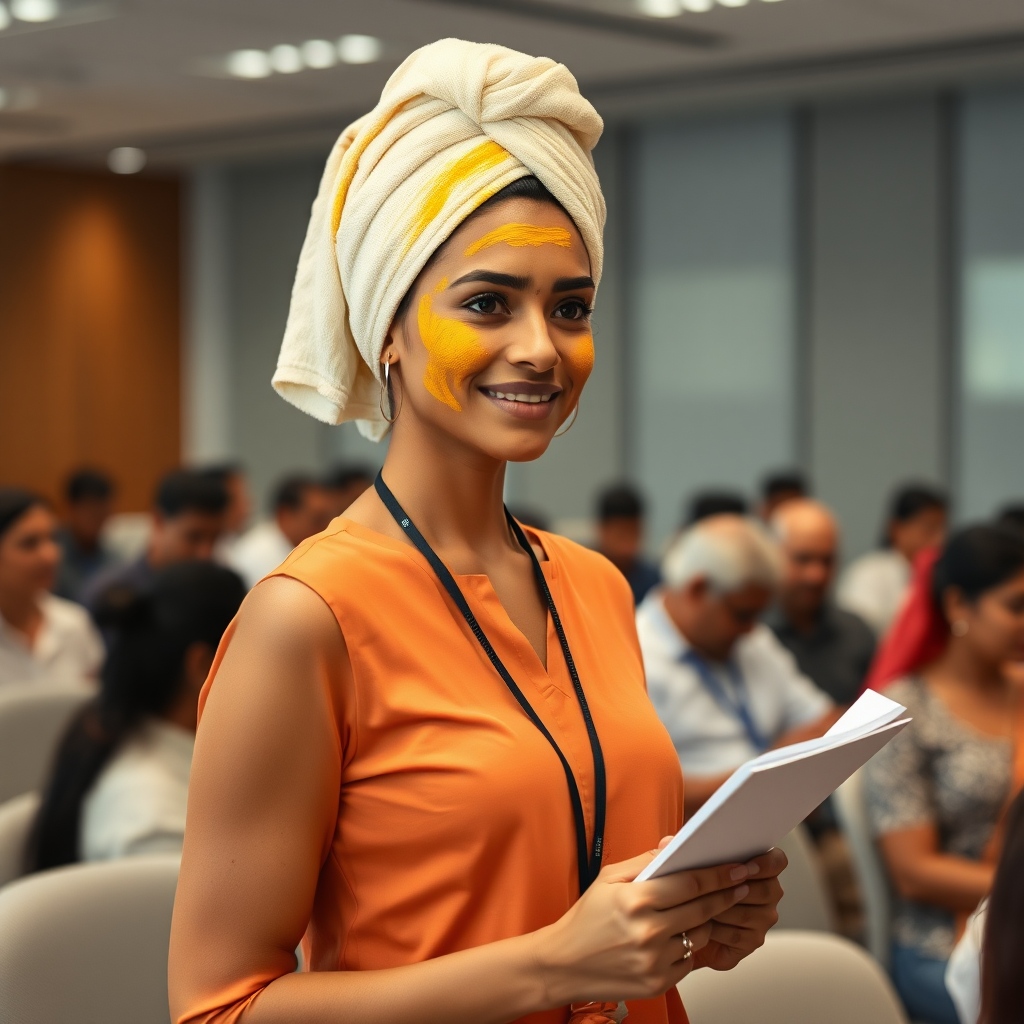 slim, 30 year old, modern indian office secretary, towel head, turmeric paste on her face. she is standing in a conference room full of people and taking notes.