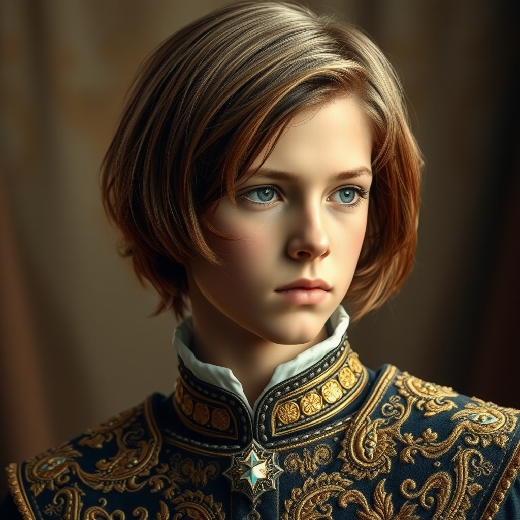 16yo teen boy prince, long bob cut, embroidered with gold and diamonds medieval cloths. photorealistic, ultra high resolution, 16K,