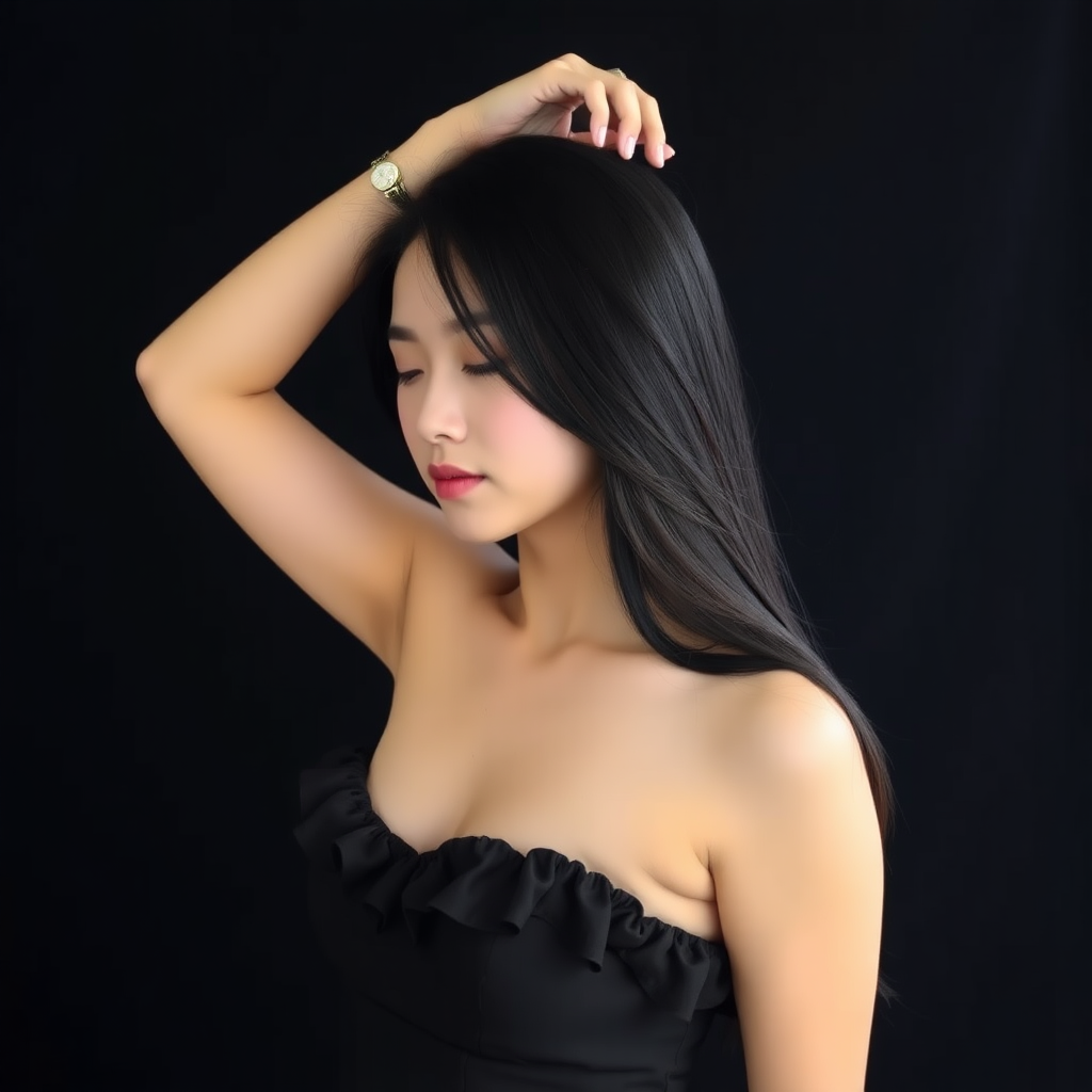 WALLPER, a medium-angle shot of an Asian woman with long black hair stands in front of a dark backdrop. She is dressed in a black strapless dress, adorned with a ruffled neckline. Her left arm is raised above her head, adding a touch of balance to the scene. The woman's face is angled towards the right, her lips are slightly parted, as if she's lips are pursed. Her eyes are closed, and her hair is cascading over her shoulders. The backdrop is a stark black, creating a stark contrast to the woman's outfit.