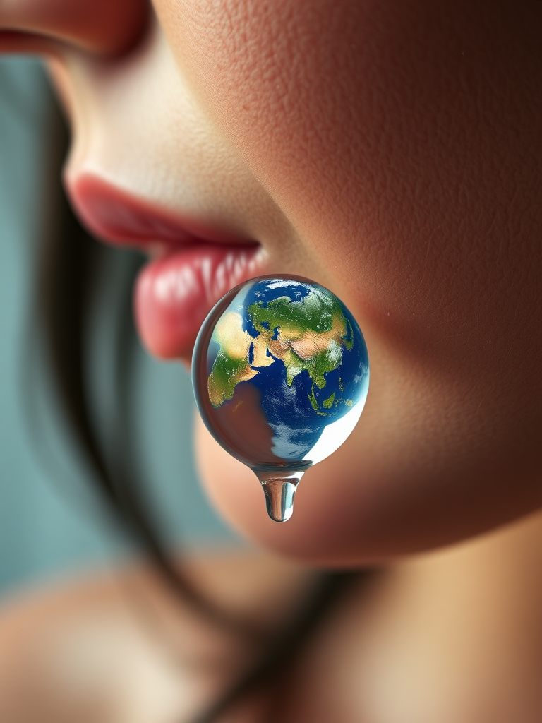 Create the following prompt: A large single drop of water runs down a woman's cheek. In the drop you can see the earth with the continent of Europe.