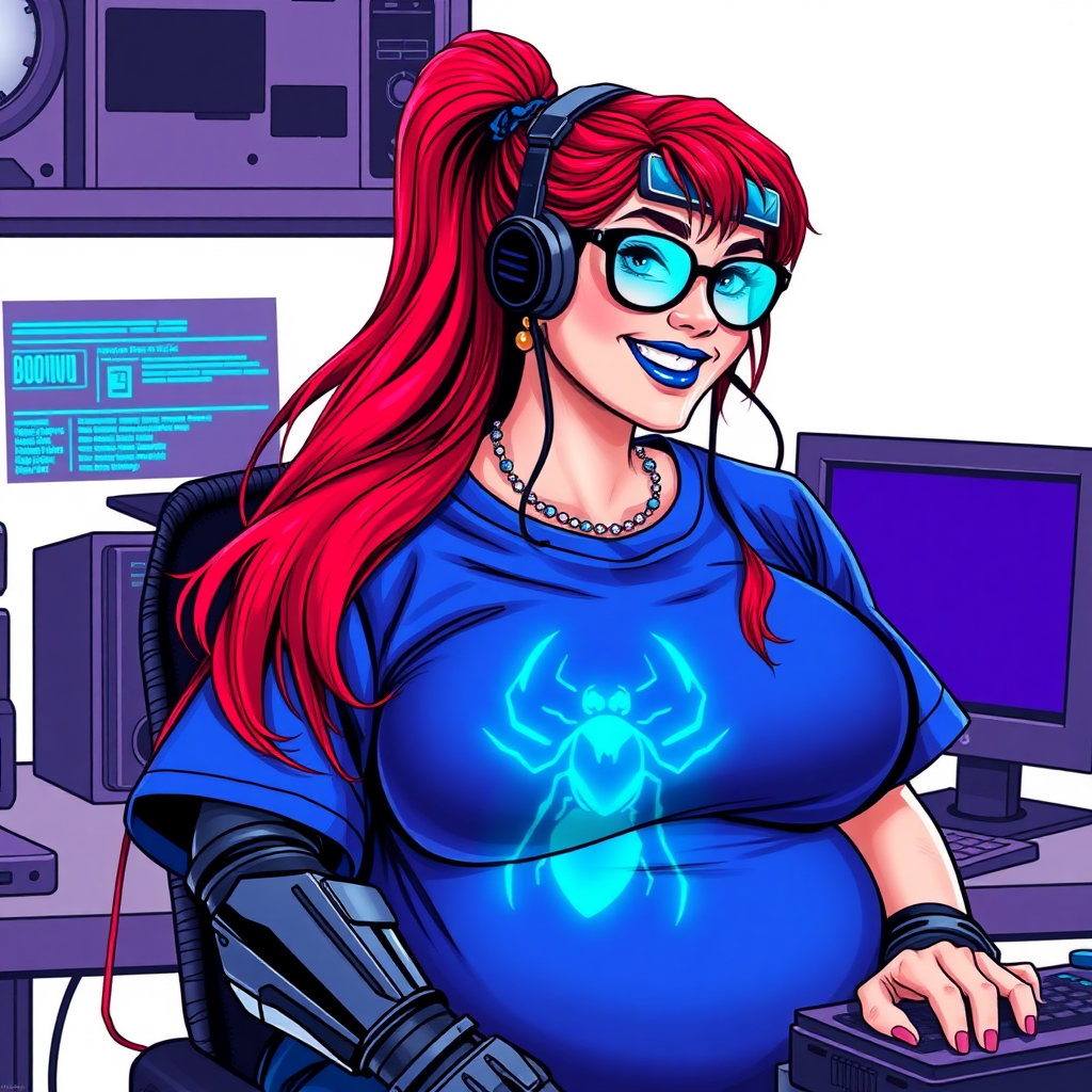 A cyberpunk vigilante’s full-figured intelligent and tech-savvy 29-year-old girlfriend, who is a computer hacker and tech genius. She has a long ruby red ponytail and bright blue eyes. She wears maximum blue lipstick, a sapphire beetle gemstone necklace, sapphire earrings, black eyeglasses, hi-tech metal arm armor, and an oversized maximum blue t-shirt featuring a neon blue glowing icon of a scarab beetle on its chest. She has a full-figured physique with a giant, round midsection, reflecting her well-cared-for lifestyle. She sports a sapphire headset with a hi-tech maximum turquoise lensed HUD, and a beaming smile with a passionate bright red blush. Despite her figure and a lack of self-esteem, she radiates beauty. She has a slim face which contributes to her radiant beauty. She serves as his tech expert from his hideout, diligently working at her lab table and computer desk. The background is solid white. She is drawn as if she was in a retro 2D cyberpunk fighting game.