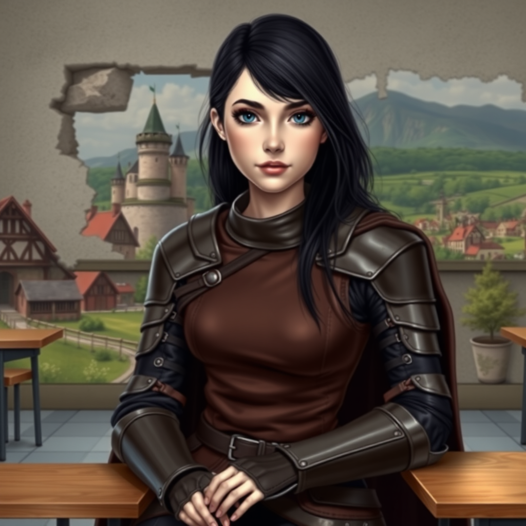 beautiful young woman, dark hair past her shoulders, blue eyes, small, slim figure, wearing full leather armor suit with long cape, sitting in a school classroom at student desk with the wall missing with a beautiful medieval village in the background.