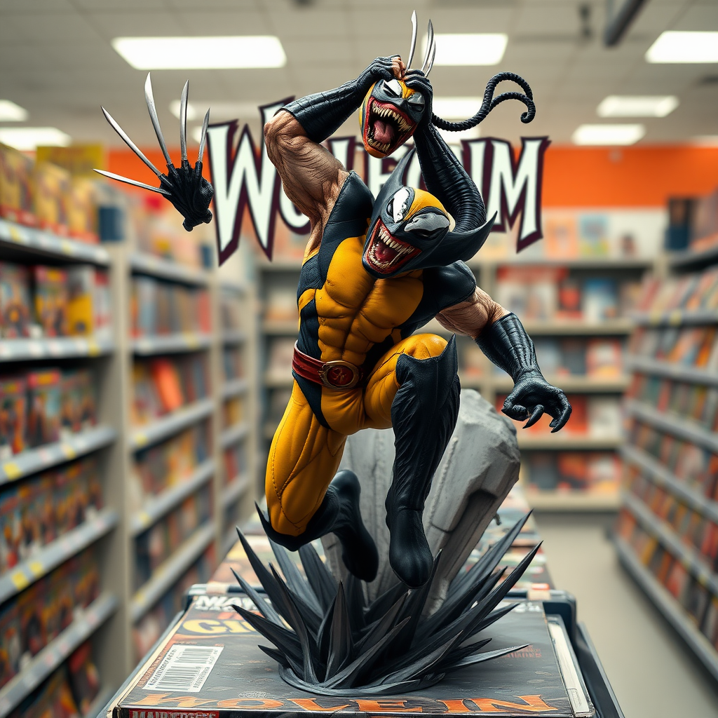 Jumping out of a comic book cover on a store shelf is Wolverine impaling Venom up in the air over his head in Cinematic Real3D photo-realistic quality.