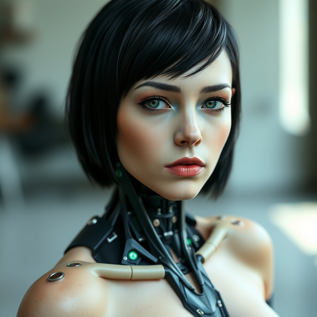 A photograph of a female cyborg with short black hair and green eyes. She has bare feet.