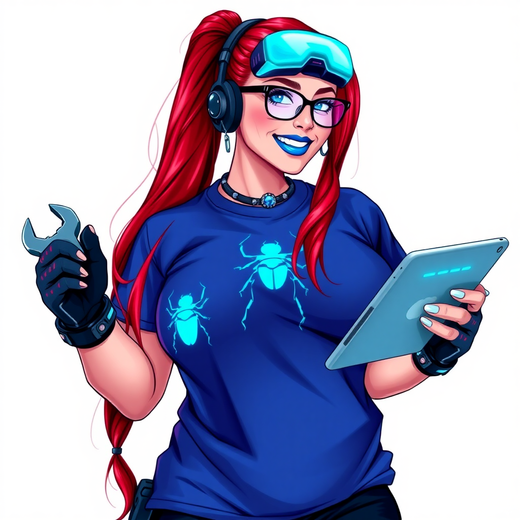 An intelligent and tech-savvy 29-year-old computer hacker and tech genius. She has a long ruby red ponytail. She wears maximum blue lipstick, blue eyes, a sapphire beetle gemstone necklace, sapphire earrings, black eyeglasses, hi-tech power gloves, and an oversized maximum blue t-shirt featuring a neon blue glowing beetle chest icon. She has a gargantuan full-figured physique with a prominent round gargantuan midsection, reflecting her well-cared-for lifestyle. She sports a sapphire headset with a hi-tech maximum turquoise lensed HUD, and a beaming smile accentuated by a passionate neon red blush. She serves as his tech expert from his hideout, holding a futuristic tool wrench and a futuristic digital tablet. The background is solid white. She is drawn as if she was in a retro 2D cyberpunk fighting game.