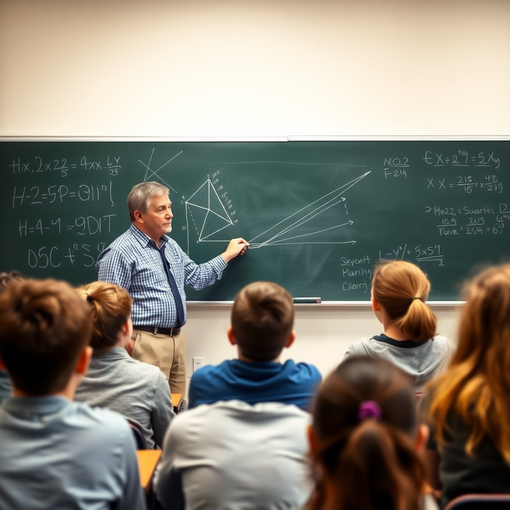 A middle aged male teacher in front of a class teaching trigonometry. He is diagramming on the chalk board. In the class are a bunch of high school kids who seem very interested.