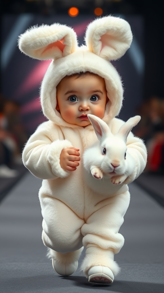 A cute small chubby fair baby with big eyes, pink lips, and pink cheeks, wearing a furry cozy white rabbit costume, doing a ramp walk in a fashion show, walking with a real big white rabbit held in their hands, cinematic.