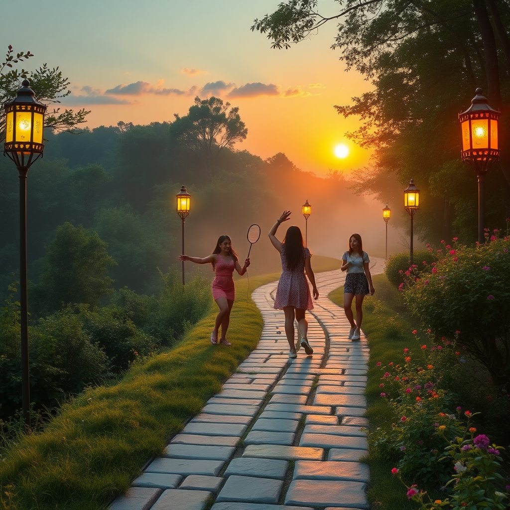 High summer. It is a hot summer evening. Three young, pretty Asian women are playing jump rope. Two other young, sexy Asian women are playing badminton. Two more young Asian women are chatting by the wayside. A roughly 500-meter long, uneven, and 2-meter wide bike and pedestrian path runs along the edge of the forest, overgrown in about 50 meters by young, uncanny trees, with strikingly colorful and variously large paving stones. On either side of this path, at intervals of about three meters, there are approximately one-meter-high lanterns, each adorned in a different color from the 1950s, effectively and colorfully illuminating the path. Colorful small herbs and wildflowers bloom on either side of the path. It begins to dusk. A part of the sky is visible. As in a fantasy image, a few veil clouds can be seen, illuminated in pastel colors by the late evening sun. The scene is bathed in warm yellow light. The atmosphere is mystical and surreal. In the background, mist has formed. Very small mythical creatures can be seen in the bushes.