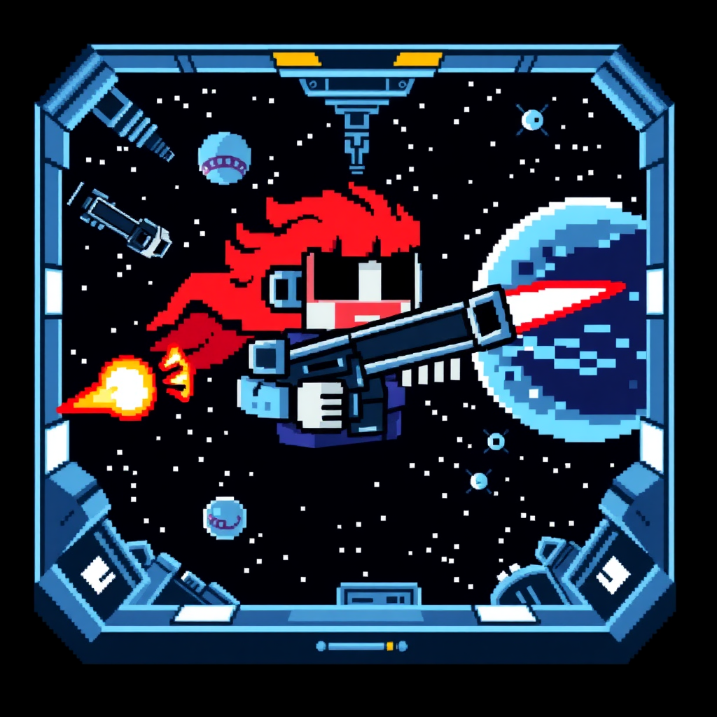 make an 8-bit character for a commodore 64 shoot-em-up game with a space station background and only 16 colours on the screen at once.