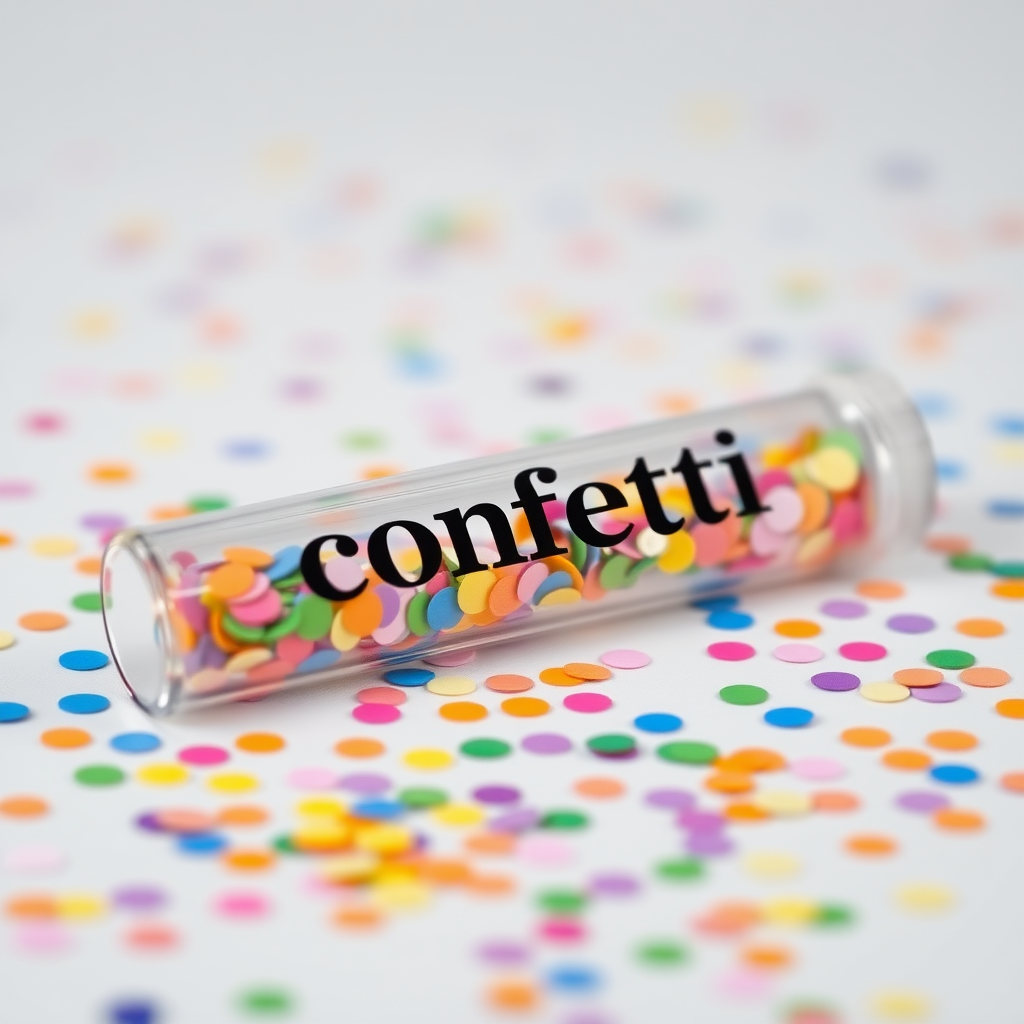 A photo of a glass fat transparent plain uniform confetti popper tube with colorful confetti inside and with text "confetti" on it, lying flat at an angle, with confetti around it, distant confetti blurred, white bold text with a black border, reflections on the tube glass, tube closed from both ends.