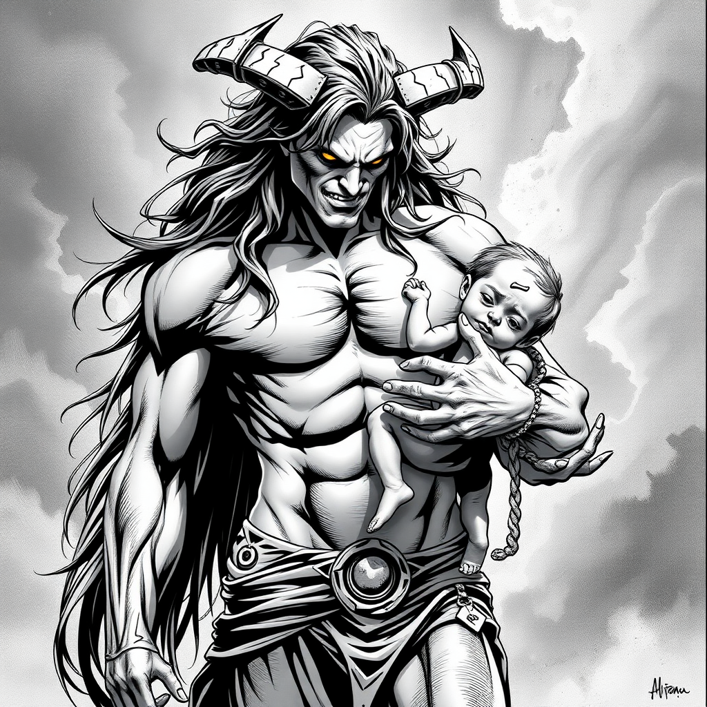 shirtless long hair demon man carrying baby, dc comics style, colorless