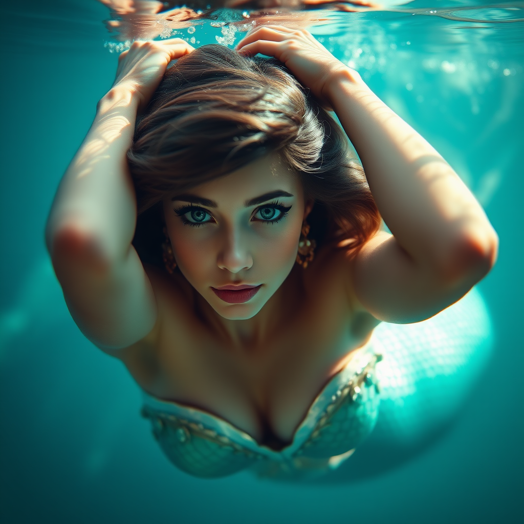 Princess Jasmine as a mermaid. She's floating underwater with arms up. She's looking intensely at the viewer of the photo. The eye contact is palpable and mystical. Her short hair floats like a beautiful nimbus around her head and her shiny scaled tail is curled beside her. Gossamer Diaphanous. Vamp it up! HD DSLR Photo