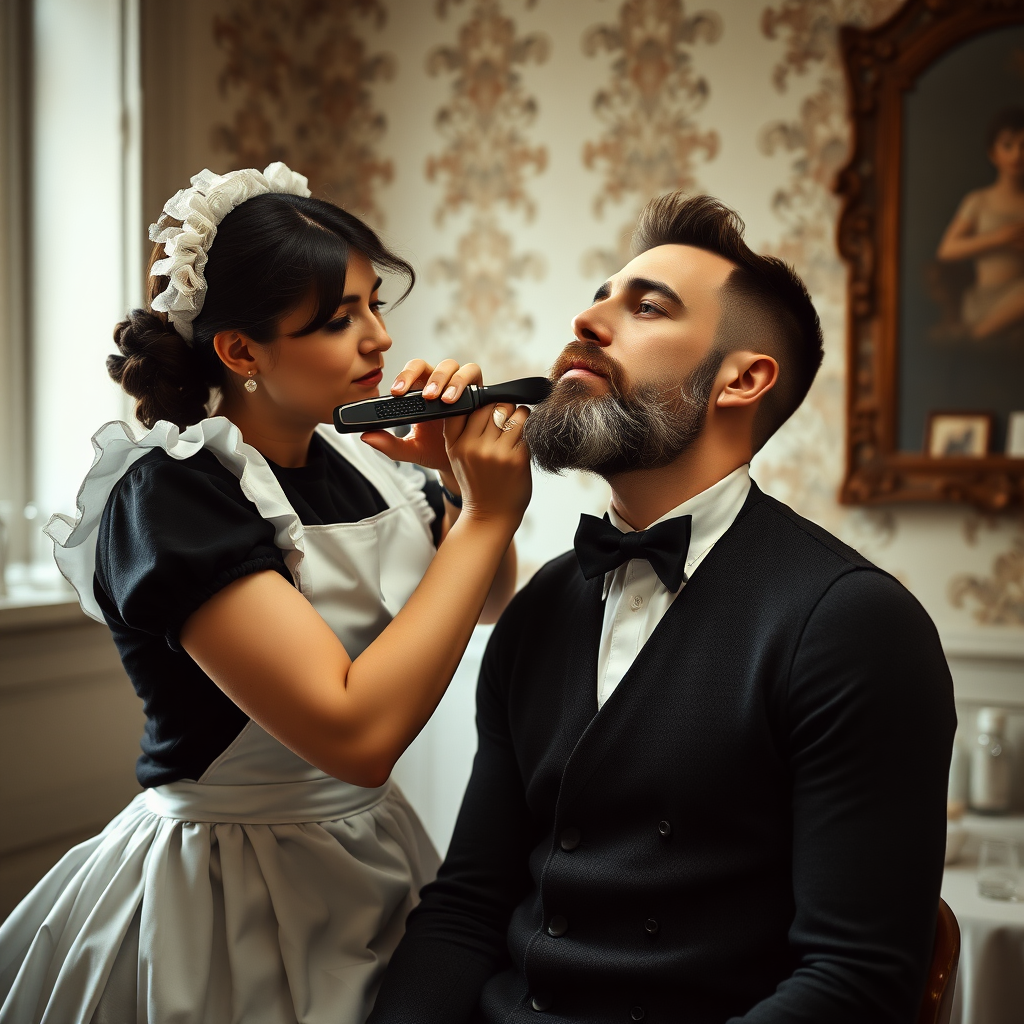 french maid, shaving a man's beard