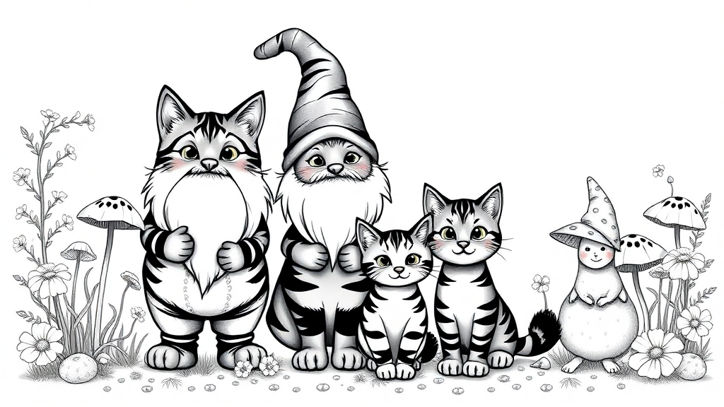 A happy Gnome family with 2 Bengal cats. standing. Flowers and Mushrooms around

Black and White - no gradients or greys. Vector style, isolated on white