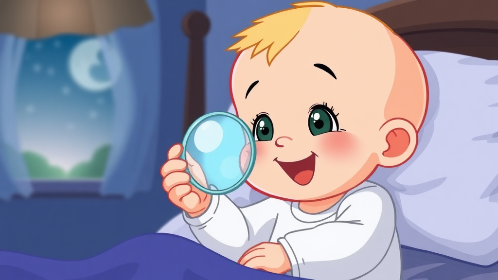 a baby holding a looking glass in hand at night on the bed baby happy to see that. Cartoon.