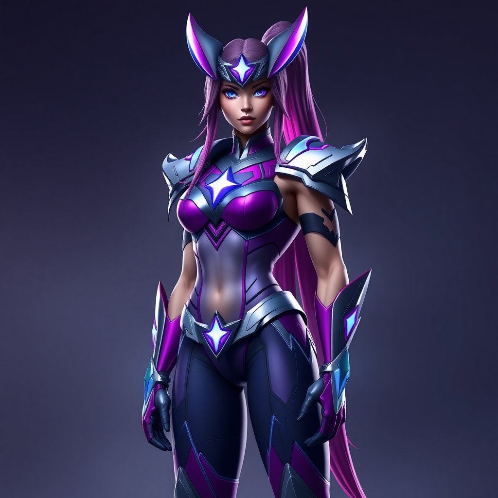 Generate a full-length hyper-realistic render of Star Guardian Jinx featuring a chiseled, heroic physique, broad shoulders, and powerful muscles while keeping her head intact. Modify the silhouette to align. Craft a background setting fitting both the Star Guardian theme and the new heroic physique.