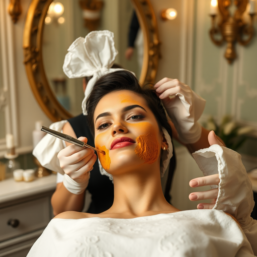 female french maid working in beauty parlour, giving turmeric facial to her clients