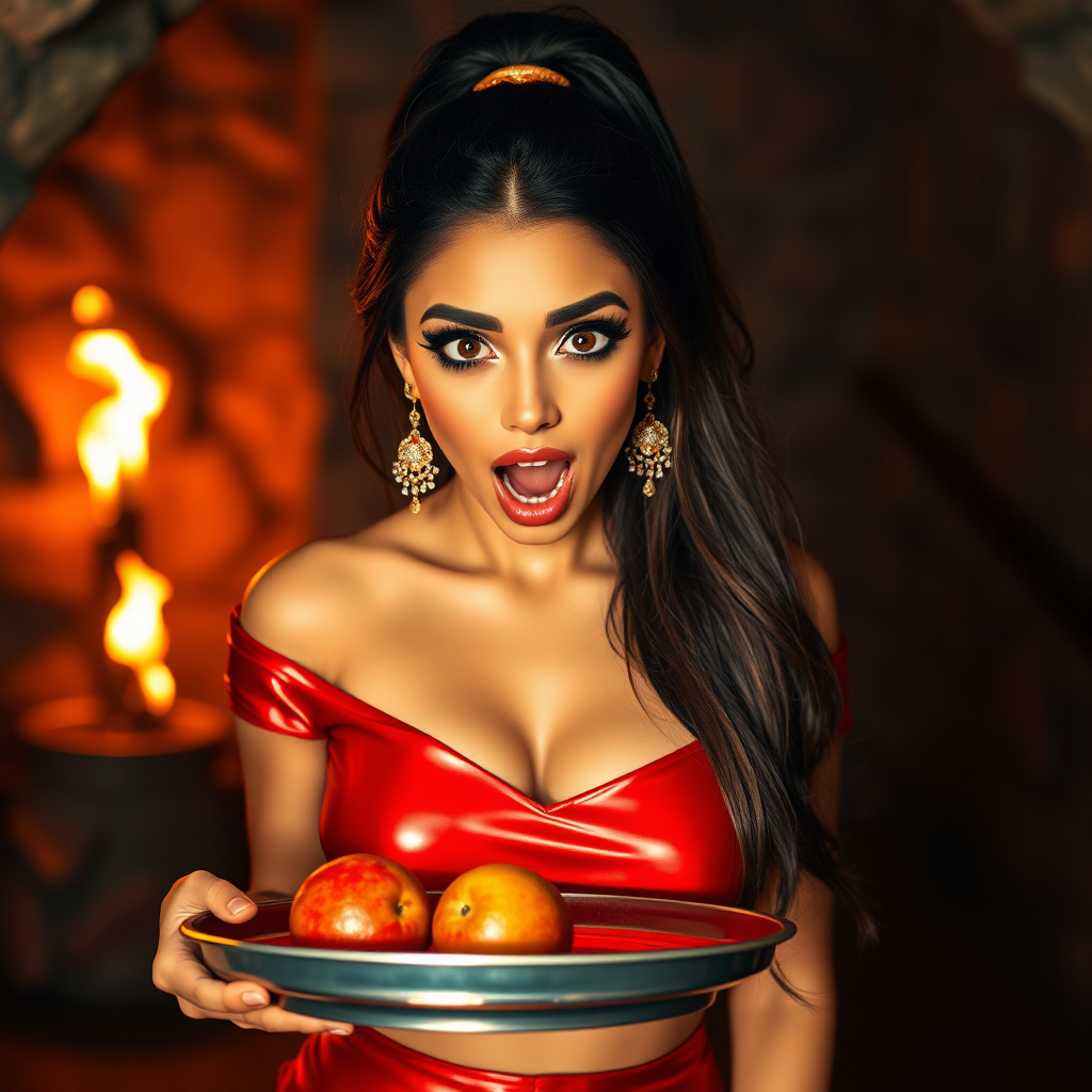 realistic photo of a surprised Arabian model with mouth open looking at the camera. She has very large eyes, black eyeshadow, black eyeliner, fake eyelashes, very tanned skin, very long hair. very high ponytail, she look likes princess jasmine, shinny red off shoulder crop top. photo realistic. She holds a metal tray with fruits just above her waist. crop top, shinny red skirt. full body view. shinny red pencil skirt. dungeon with fire torches in the background.