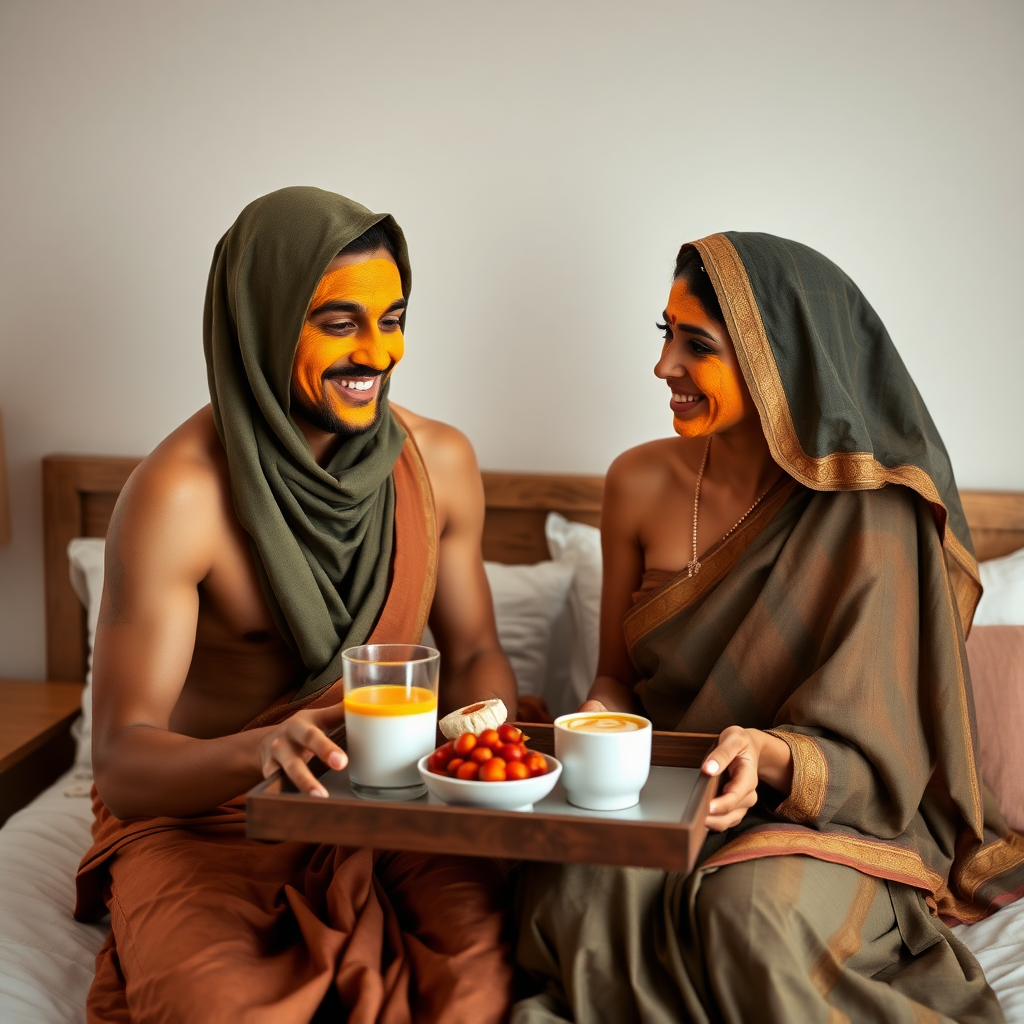 slim, 30 year old, sexy, 2 indian wives, scarf head, turmeric face mask. They are smiling and serving breakfast on a tray on bedside table