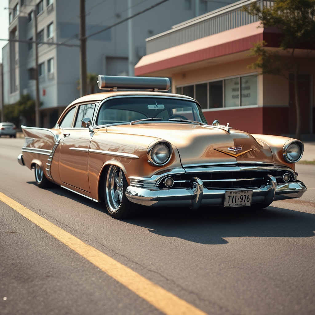 metallic shine classic car is parked on the side of the road, inspired by Taiyō Matsumoto, tumblr, restomod, nd4, c4 metallic shine classic american low rider car