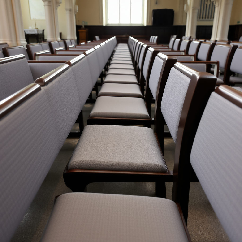 in a church, pew benches in grey fabric and dark wood frame